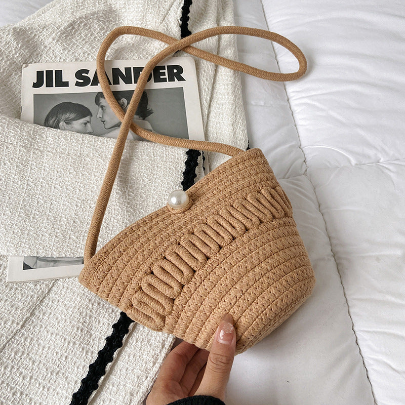 Crossbody Straw Bag Cotton Thread Woven Bag Mobile Phone Change Key Case Hollow Out Cutout Cotton Thread Woven Bag Casual Cute Women Bella Mia